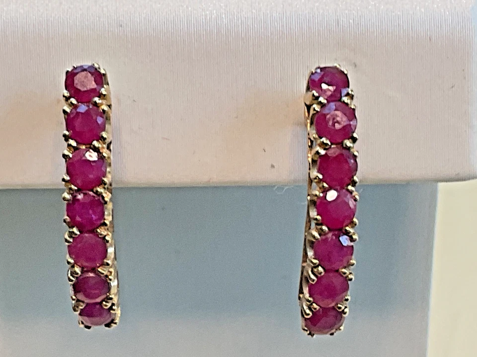 10K Yellow Gold Ruby Hoop Earrings J-Hoop Design - Image 3 of 4
