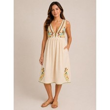 Forever 21 Cream Midi Dress with Colorful Embroidery