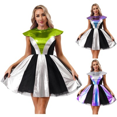 Damen Alien Kostüm Metallic Kleid Tütü Rock Weltall Astronauten Kostüm Karneval