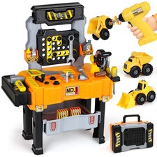 Kids Tool Bench with Electric Drill and Construction Vehicles, 2-in-1 Workben...