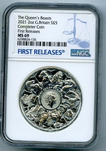 2021 GREAT BRITAIN 2OZ SILVER NGC MS69 QUEEN'S BEASTS COMPLETER COIN - EX THICK