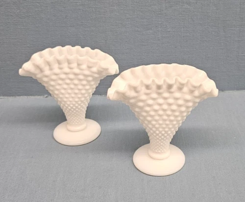 Vintage Fenton Small White Milk Glass Hobnail Fan Vase 4 Inches - Two - Perfect