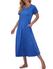 Women'S Full Length Nightshirt Short Sleeve Nightgown Cotton Sleepwear Casual...
