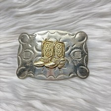 Vintage Big Cowboy Cowgirl Stamped Nickel Silver Boots Belt Buckle Western Boho
