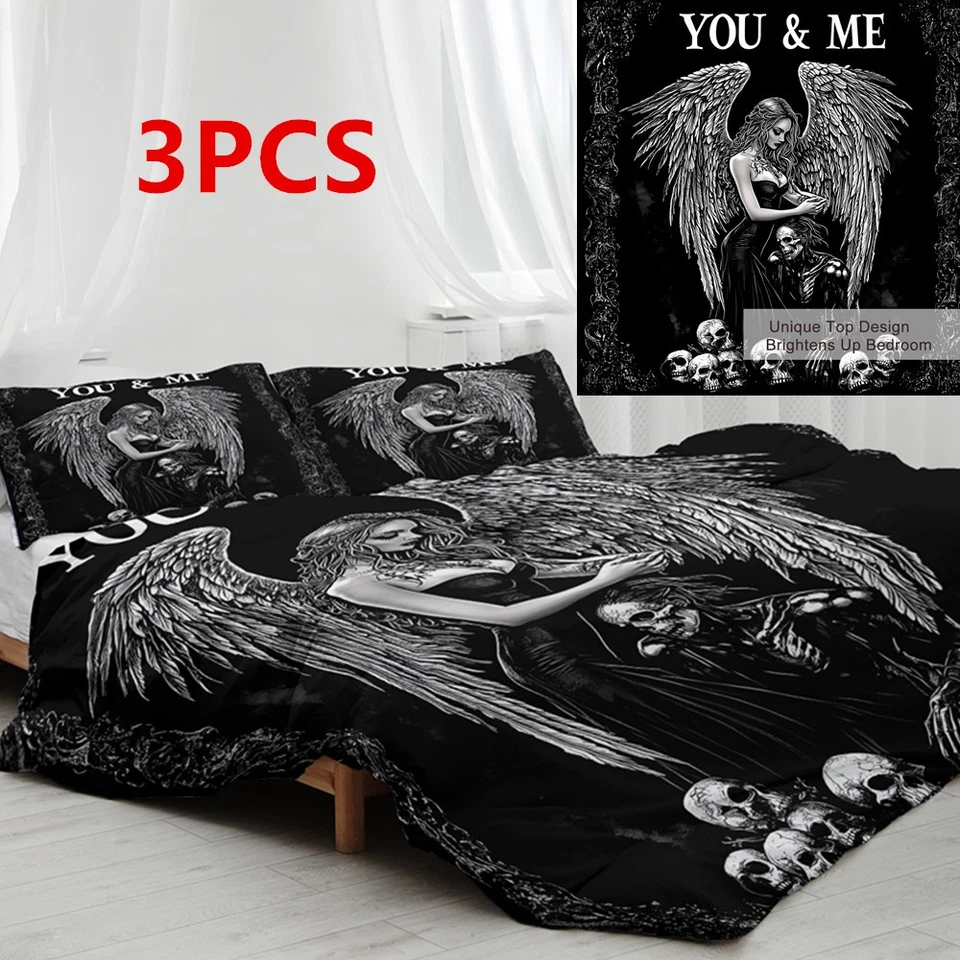 3PCS Black Soft Duvet Cover Set Death and Angel Print Skull Bedding Set Bedroom