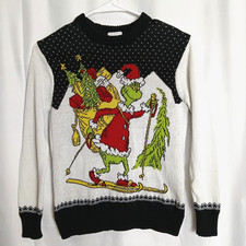 The Grinch Kids Sweater M Dr. Seuss Black White Festive Trees Skis