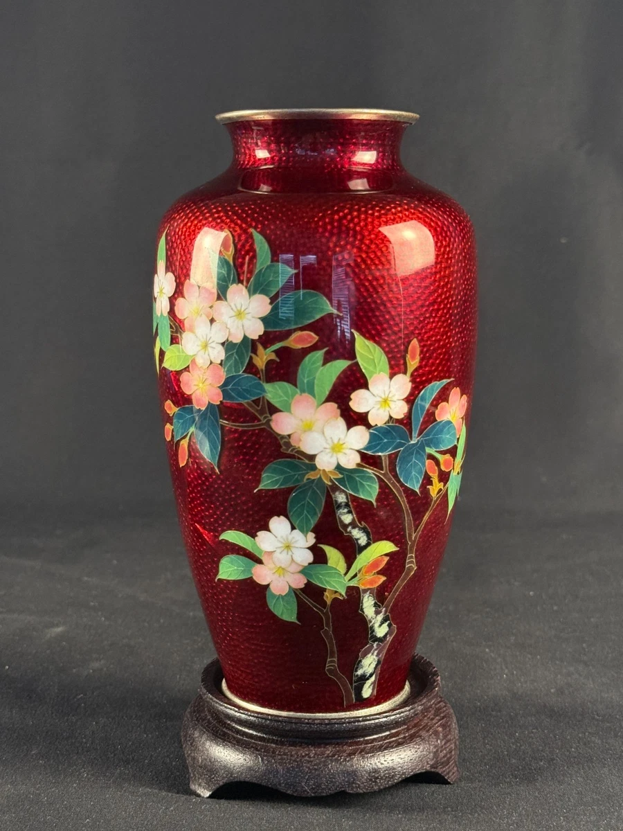 红色景泰蓝日本古董花瓶| eBay