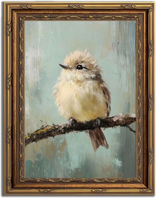 Gold Framed Bird Canvas Wall Art Vintage Bird Beige Sparrow painting Decor Pictu