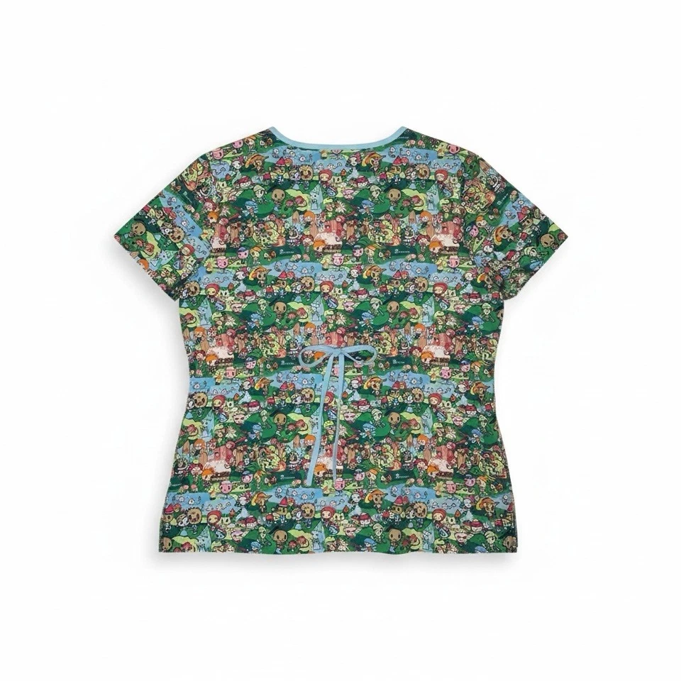 Tokidoki by Koi Scrub Top, Green Multicolor, Pockets, Drawstring Back, Women XL - Image 2 of 4
