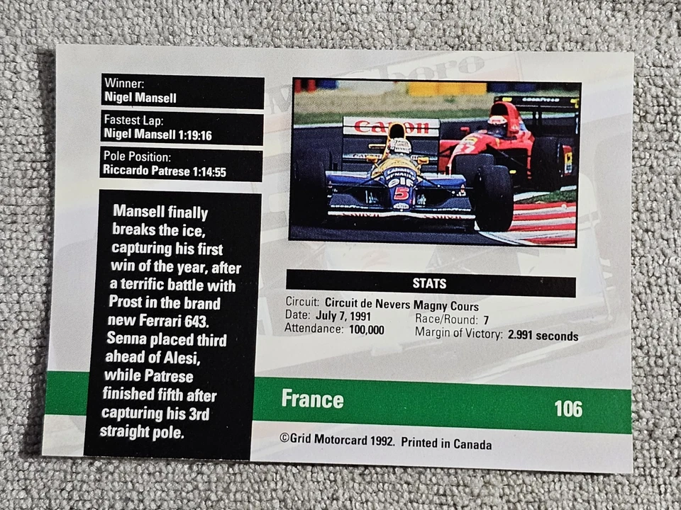 1992 Grid Motorcard Formula 1 Nigel Mansell Alain Prost Ayrton Senna #106 HOF - Image 2 of 2