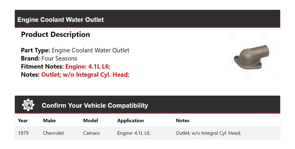 Chevrolet Camaro 1979 motor L6 4,1 L salida de agua refrigerante 4 estaciones Foto 2 de 4