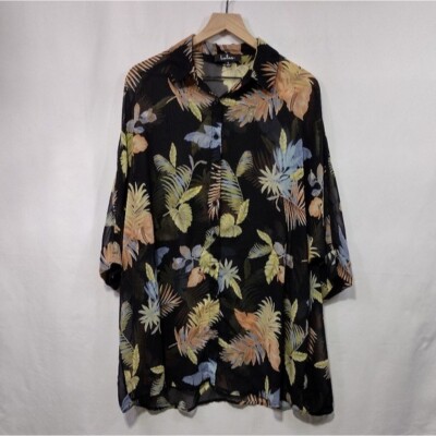 Lulu's In the Tropics Sheer Tropical Print Shirt Dress Womens S Black Boho Retro