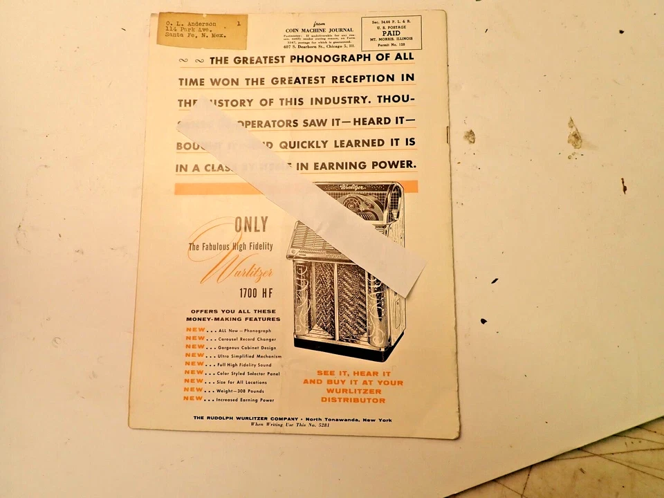 Máquina de monedas original 1954 diario 1700 Wurlitzer Seeburg M100G anuncios Sodashoppe Foto 4 de 4