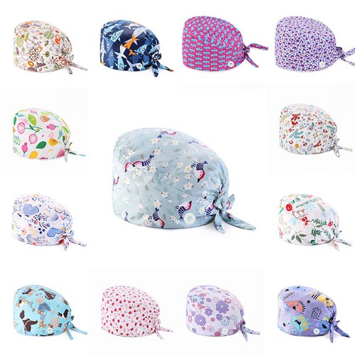 Scrub Hat With Button - Pet Shop Beauty Cartoon Print Cap, Cotton Breathable With Sweatband For Lab, Salon, Medical Use - View #3