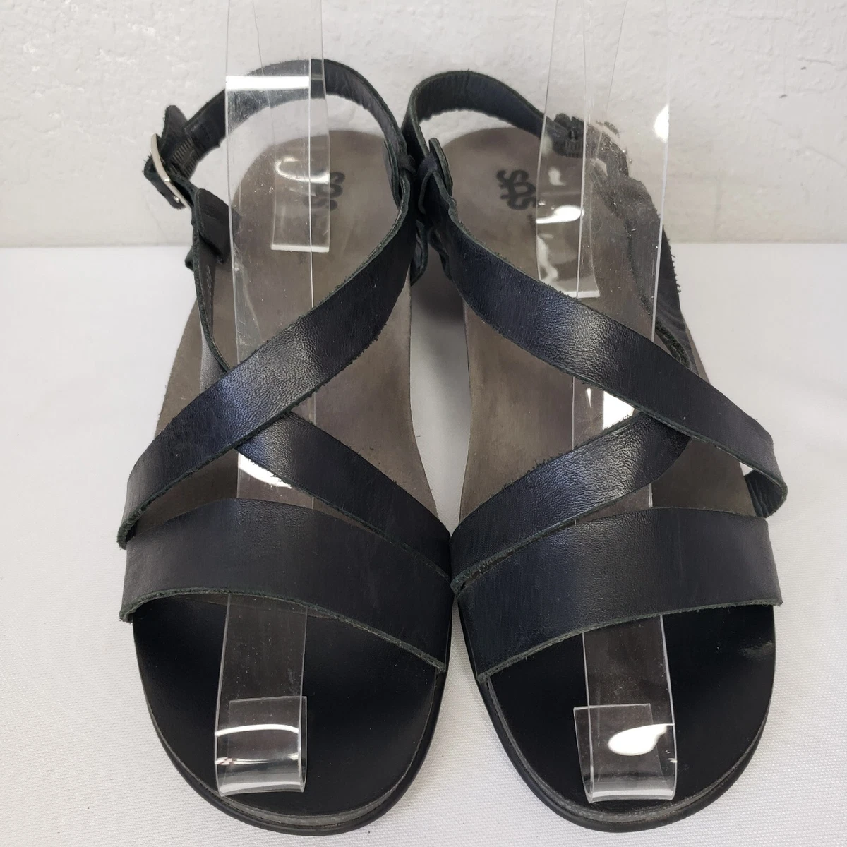 SAS Nouveau Cross Strap Block Heel Sandals Leather Black Womens Size 10 M Shoes