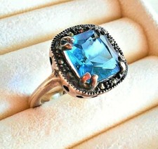 Blue CZ Marcasite Sterling Silver Ring Size 5