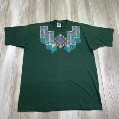 VINTAGE Native American Shirt Mens XL Green Southwest Aztec Short Sleeve USA *