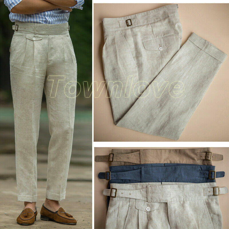 Mens Retro Linen GURKHA Pants Casual Pants Business Trousers