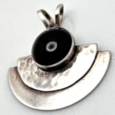 Modernist Half-moon Handmade Pendant Black Onyx Natural Stone Sterling Silver