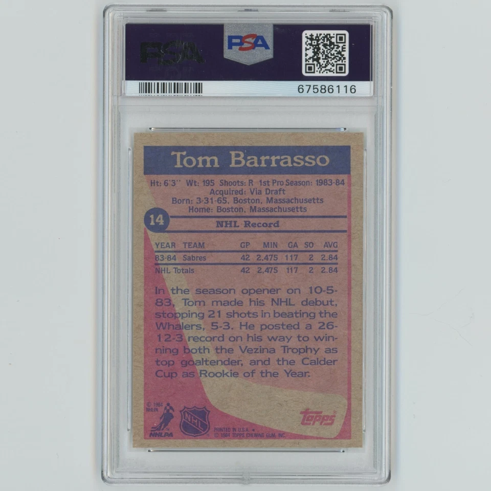 1984 Topps Hockey #14 Tom Barrasso Rookie RC PSA 8 NM-MT Buffalo Sabres HOF - Image 2 of 2
