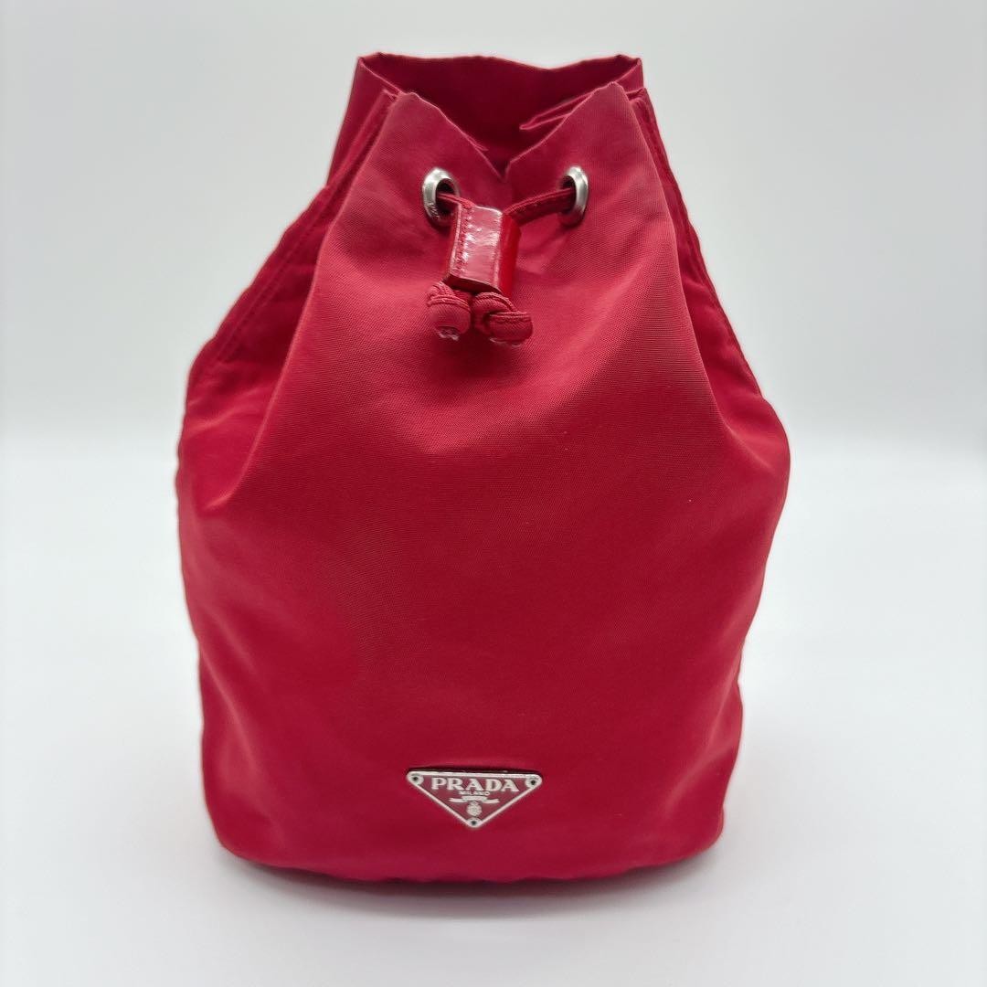 Prada Triangle Logo Nylon Drawstring Bag Red Used… - image 2
