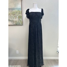 Azazie Atelier Black Floral Burnout Maxi Dress Square Neck Flutter Sleeve 14