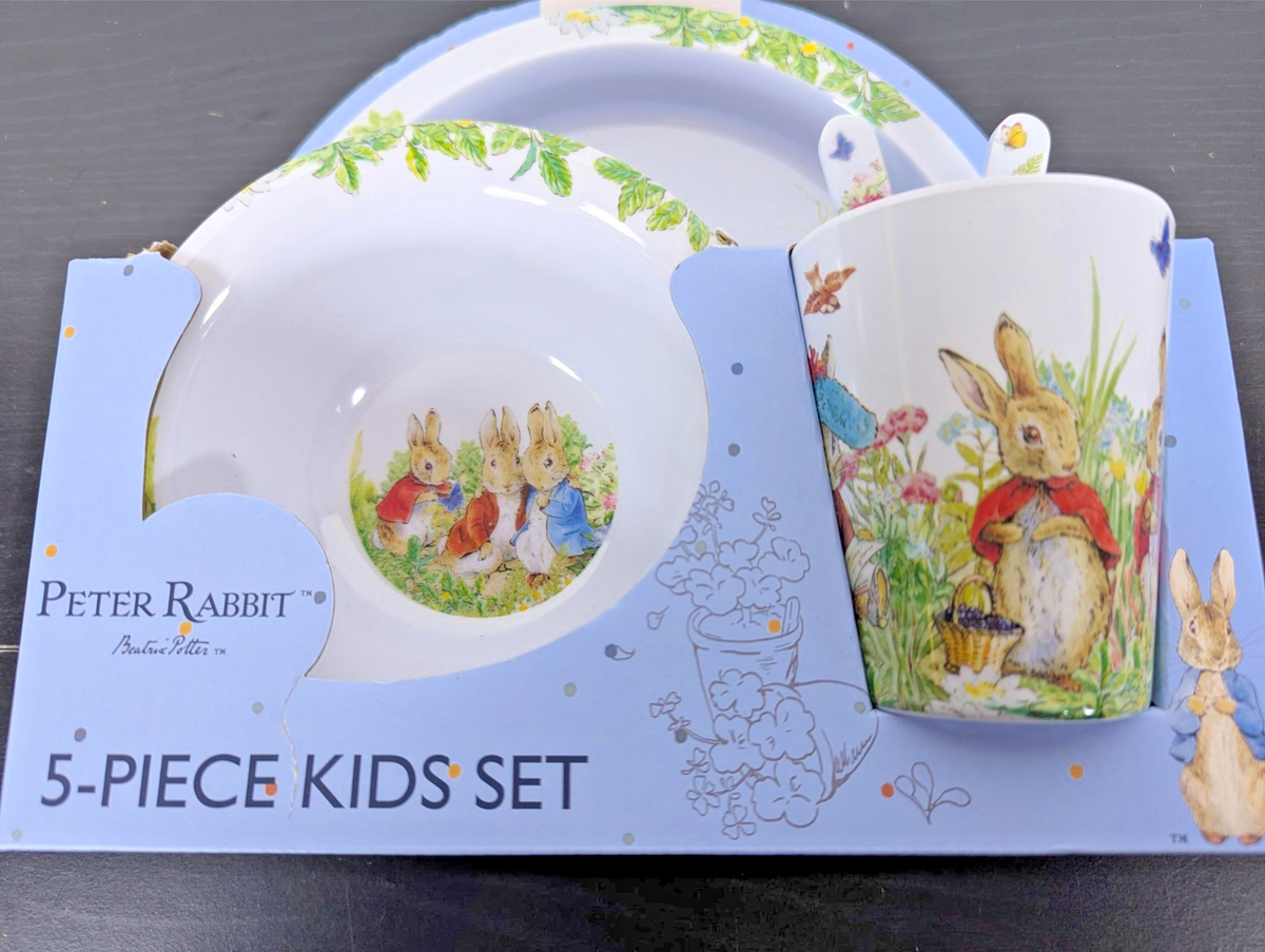 Peter Rabbit 5 Pc Kids Dinner Set Melamine Plate Bowl Cup Cutlery