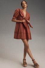 Anthropologie Pilcro Mini Dress Red Tunic Bow Front Cotton Boho Retro Large NWT