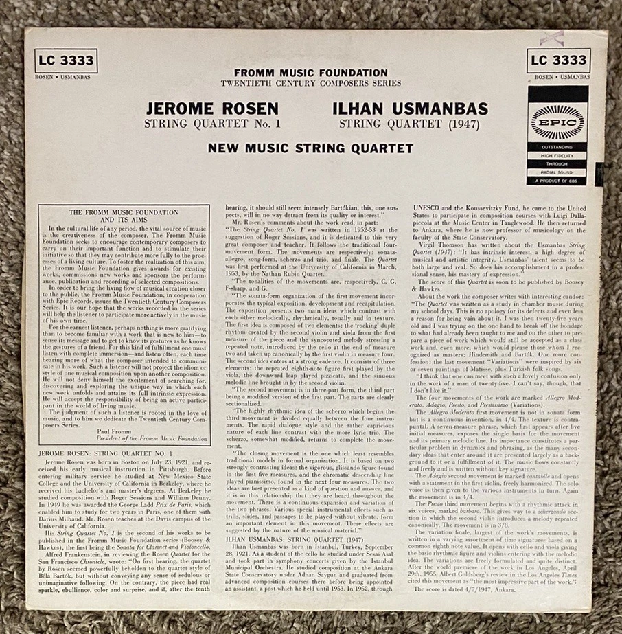NEW MUSIC STRING QUARTET / JEROME ROSEN - ILKAN USMANBAS / EPIC LC 3333 LP - EX - Image 2 of 4