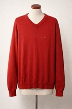 Vintage Tommy Hilfiger Mens Red V-Neck Cotton Knit Sweater XL 90s Logo