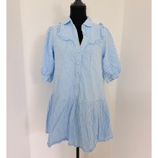 Cottagecore Coquette Gingham Blue Ruffle Mini Dress Puff Sleeve Button Down XS