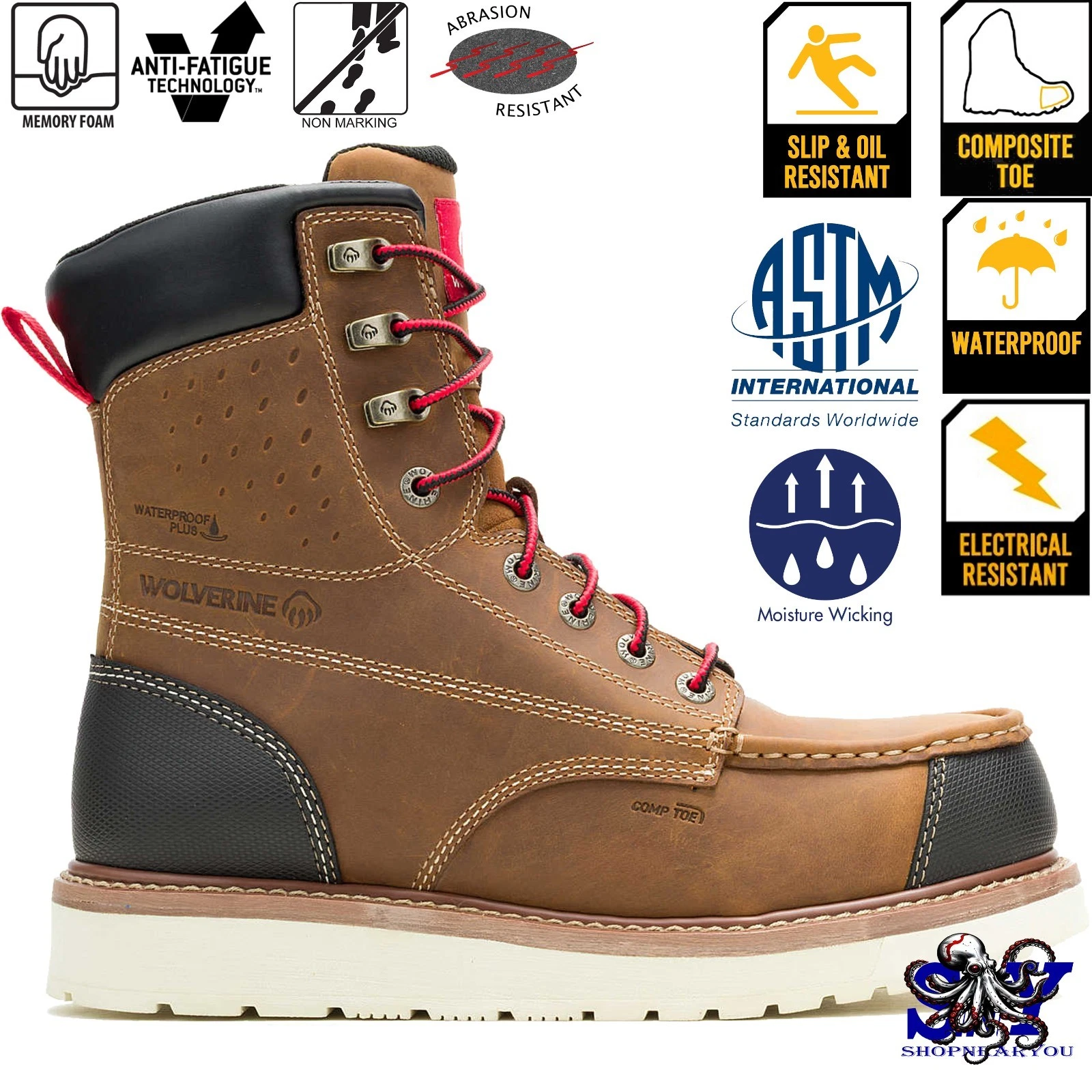 WOLVERINE Men's Composite Toe Waterproof Work EH SR Premium Leather Boot 8"