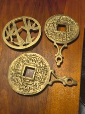 Vintage Chinese Brass Trivets 2 Are Coins 1 Is Leaves Hot Pot Stands