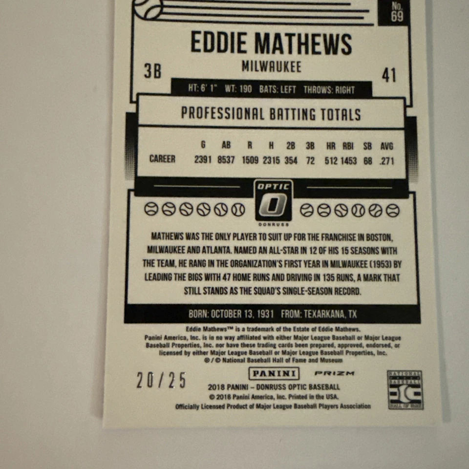 2018 Donruss Optic Eddie Mathews Black Prizm /25 #69 - Image 4 of 4