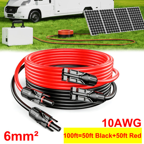 100FT 10 AWG Solar Panel Extension Cable PV Wire Solar Connectors Pair 6mm²