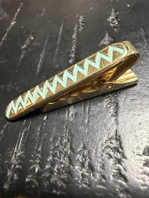 Vintage Tie Bar Clip Aqua & Gold Lattice Texture Good Condition