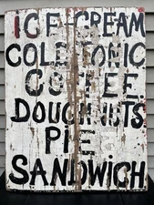 1930s ROADSIDE MENU BOARD WOODEN SIGN HAND PAINTED ICE CREAM PIE COLD TONIC ETC
