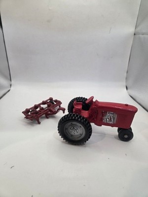 Vintage Red Diecast Tractor Toy Farm Tractor With Plow Attachment 3in Wheels