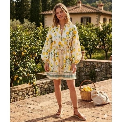 H&M Lemon Print Mini Dress w/Macramé Belt ''Dolce Far Niente'' Medium EuroSummer