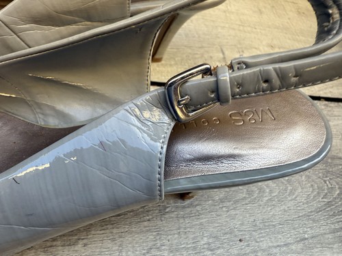 Womens M&S Grey Patent Leather Slingback Peep Toe Hi Stiletto Shoes Size 5 38 - Picture 3 of 14