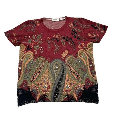 Neiman Marcus  floral print short sleeve cashmere sweater Large