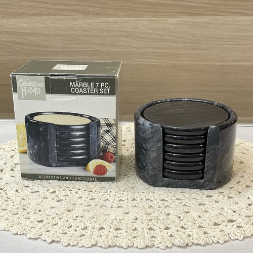 Creative Home Natural Gray Marble 7 Piece Round Coaster With Cork Inlays
