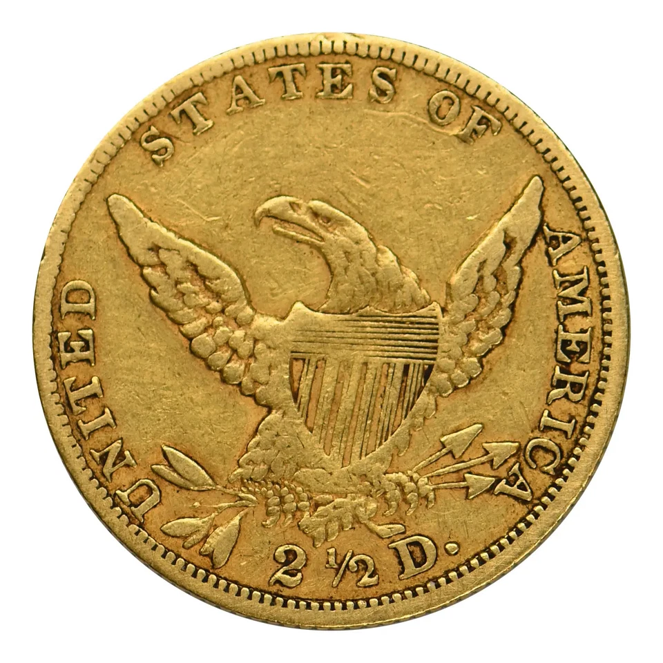 Cabeza clásica dorada de $2,50 de 1836, sin lema en estado circulado inverso bloque 8 Foto 2 de 2