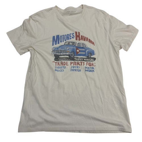 Lucky Brand Mens Motores Havana Graphic T-Shirt Cream Cotton XL Vintage Car Cuba