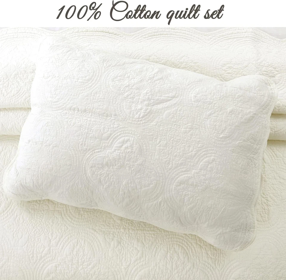 Reversible 100% Cotton Oversized King Quilt Set - Elegant Ivory Medallion Design - Image 4 of 4