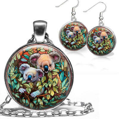 Mom & Baby Koala Digital Airbrush Art Print Necklace & Earring Set 24'' Chain