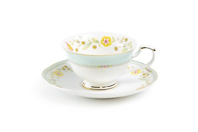 Grace Teaware Yellow Corn Flowers with Mint Rim 7oz Porcelain Tea Cup and Sauce