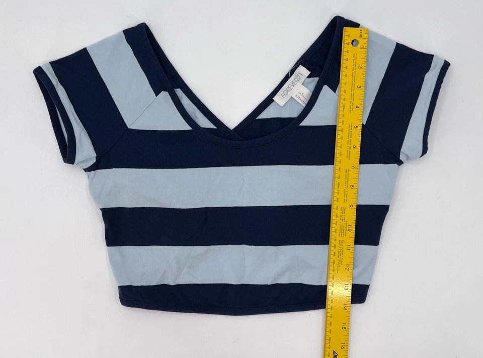 Forever 21 Shirt Womens Large Blue Blouse Striped V-Neck Cropped Braided Back - Image 4 of 4