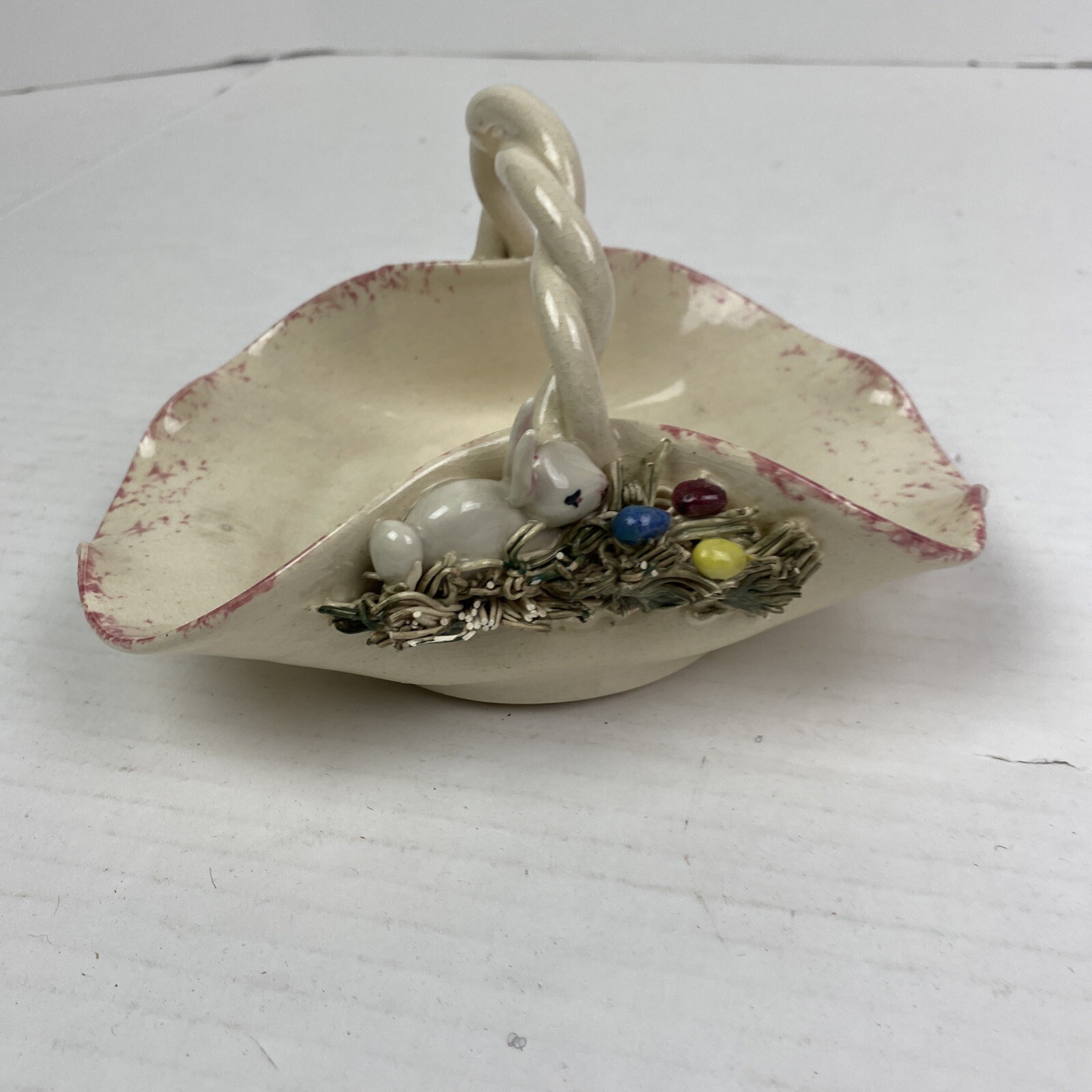 Ceramic Bunny Basket Handmade Painted 1999 Folk Art Home Easter Decor Rustic
