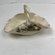 Ceramic Bunny Basket Handmade Painted 1999 Folk Art Home Easter Decor Rustic